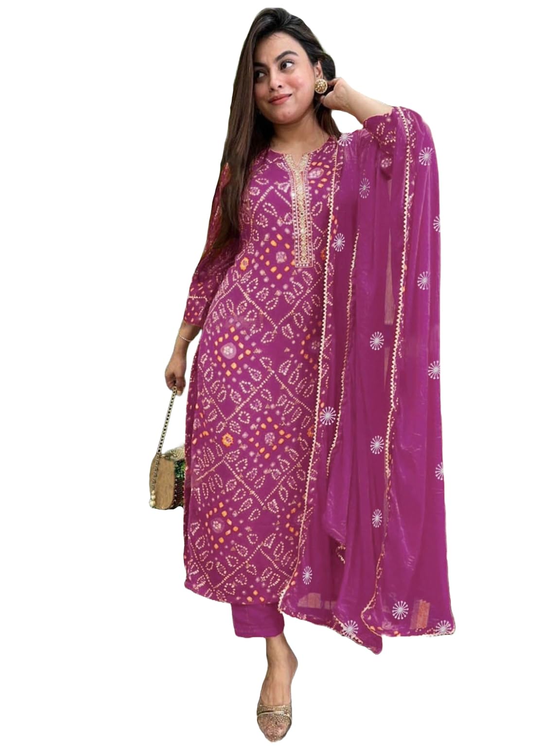 GoSriKi Women's Rayon Viscose Straight Bandhej Printed Kurta with Pant & Dupatta Shoppingstore25