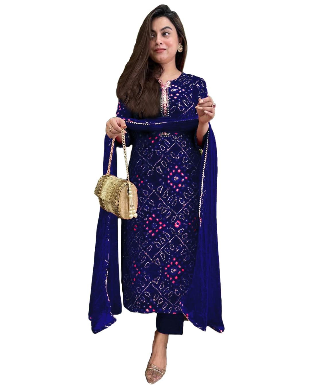 GoSriKi Women's Rayon Viscose Straight Bandhej Printed Kurta with Pant & Dupatta Shoppingstore25